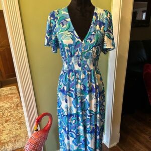 Abel the Label Anthropologie Blue Floral Boho Smocked V Neck Maxi Dress Size S